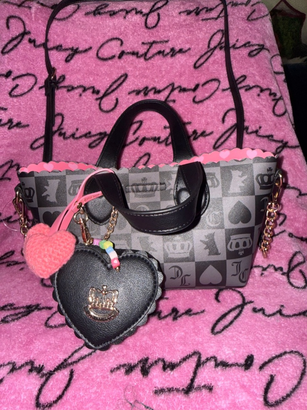 Gray & Pink Crown Print Mini Tote with Heart Charm